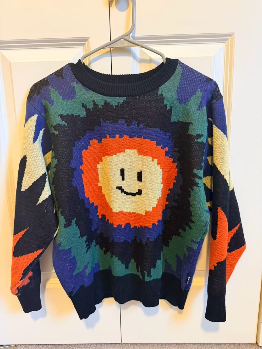 Molo Colorblock Smiley Crewneck Sweater in Navy and Orange 152cm